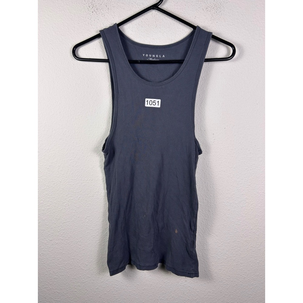 YoungLA Mens Medium Ribbed Tank Top Charcoal Gray Gym Workout Stringer Logo